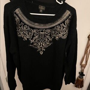 White House Black Market Black Sweater with Gold Embellished Neckline